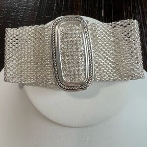 Wide Silver Tone Mesh Bracelet Statement Cuff Textured Panel rhinestone center